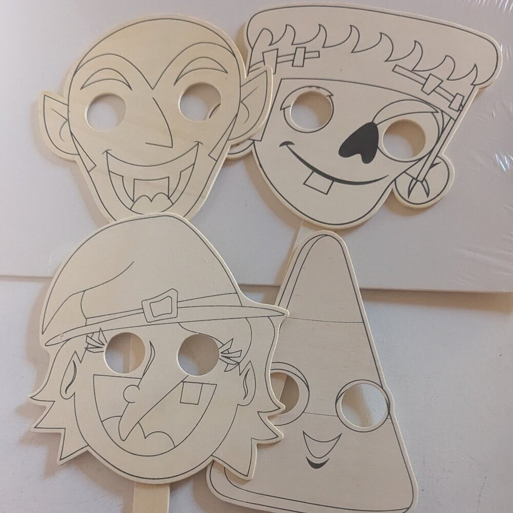 NWT Halloween 4 Wood Masks DIY Crafts Witch Dracula Candy Corn Frankenstein NEW